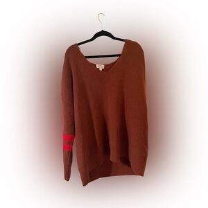 & Other Stories Rust V-Neck Sweater with Red Sleeve Stripes